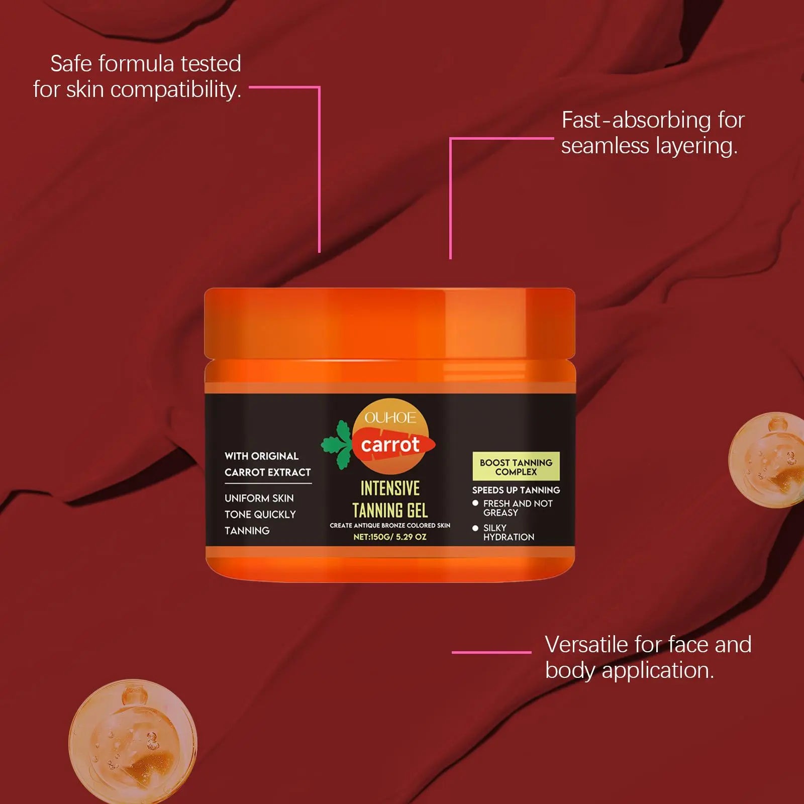 Carrot Extract Sunless Tanning Gel, Self Tanning Gel, Deep Moisturizing & Hydrating Body Gel, Body Care Product for Women & Men